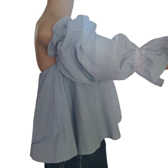 NEW Zara Trafaluc Sz S Blue Striped Off the Shoulder 3/4 Sleeve Blouse - Picture 3 of 11